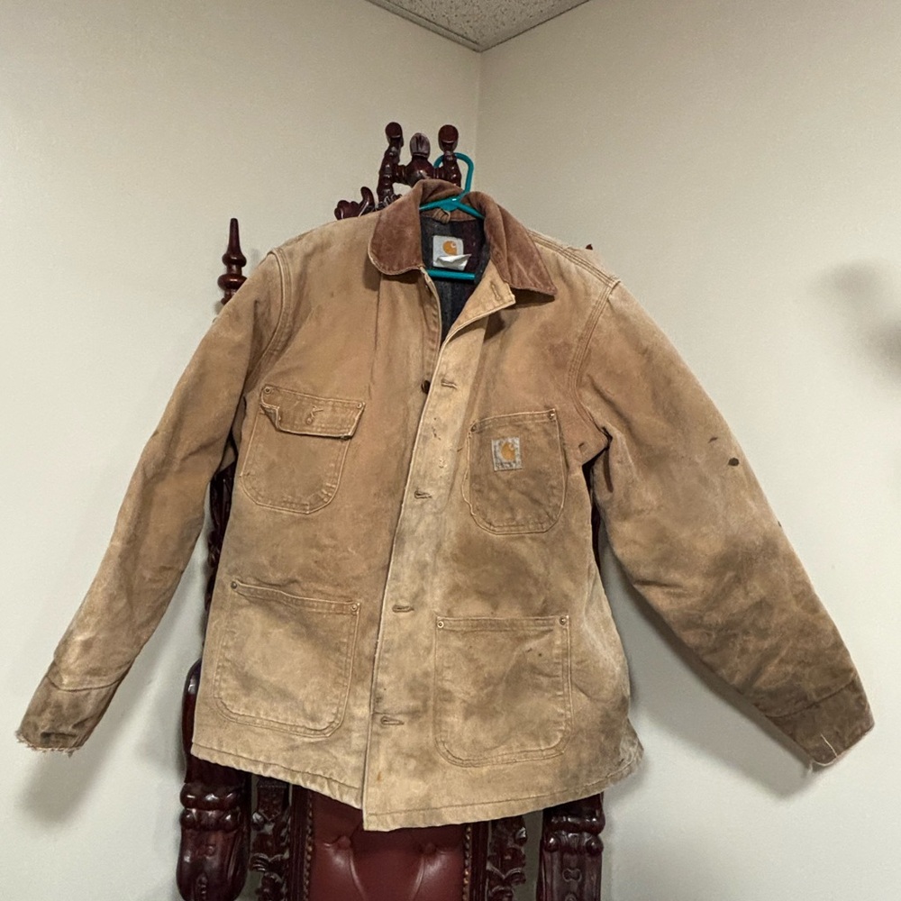 Vtg Carhartt Chore Coat Blanket Lined Duck Canvas Jacket Sz 46 Distressed Punk